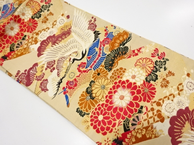 アンティーク　巻物に鶴・菊模様織り出し名古屋帯（材料）